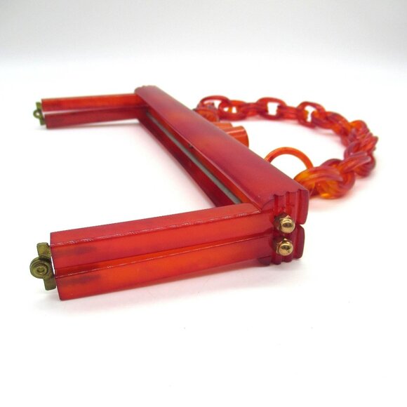Vintage Chunky Lucite Purse Frame Linked Chain Handle Vermilion - Picture 2 of 16